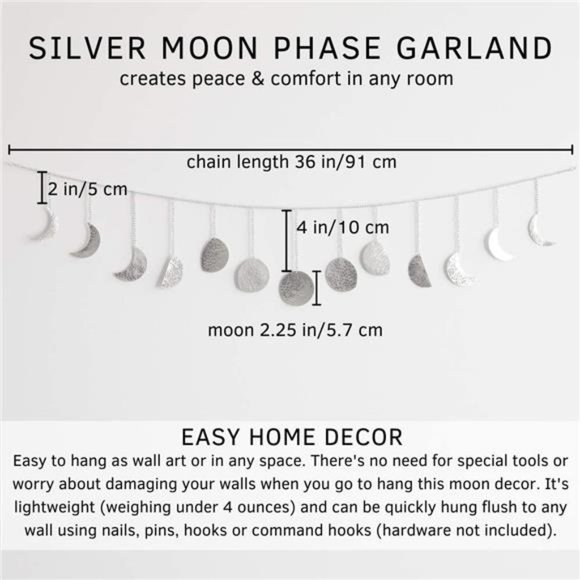 Moon Phase Wall Hanging Hammered Silver Metal 13 Moons 36" Garland Phases Decor - Picture 6 of 6